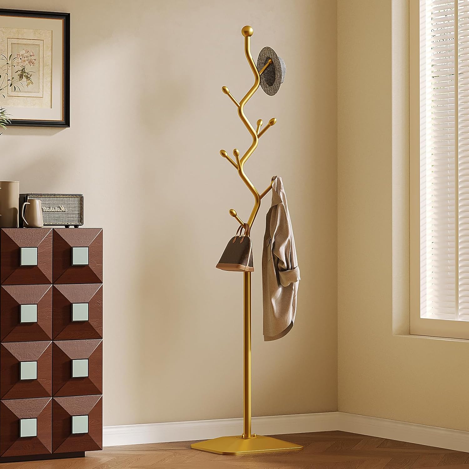 coat rack freestanding gold coat tree with 8 hooks, creative design tree branch-look, standing coat rack coat hanger stand with stury cast iron base for entryway, hallway, bedroom (gold)
