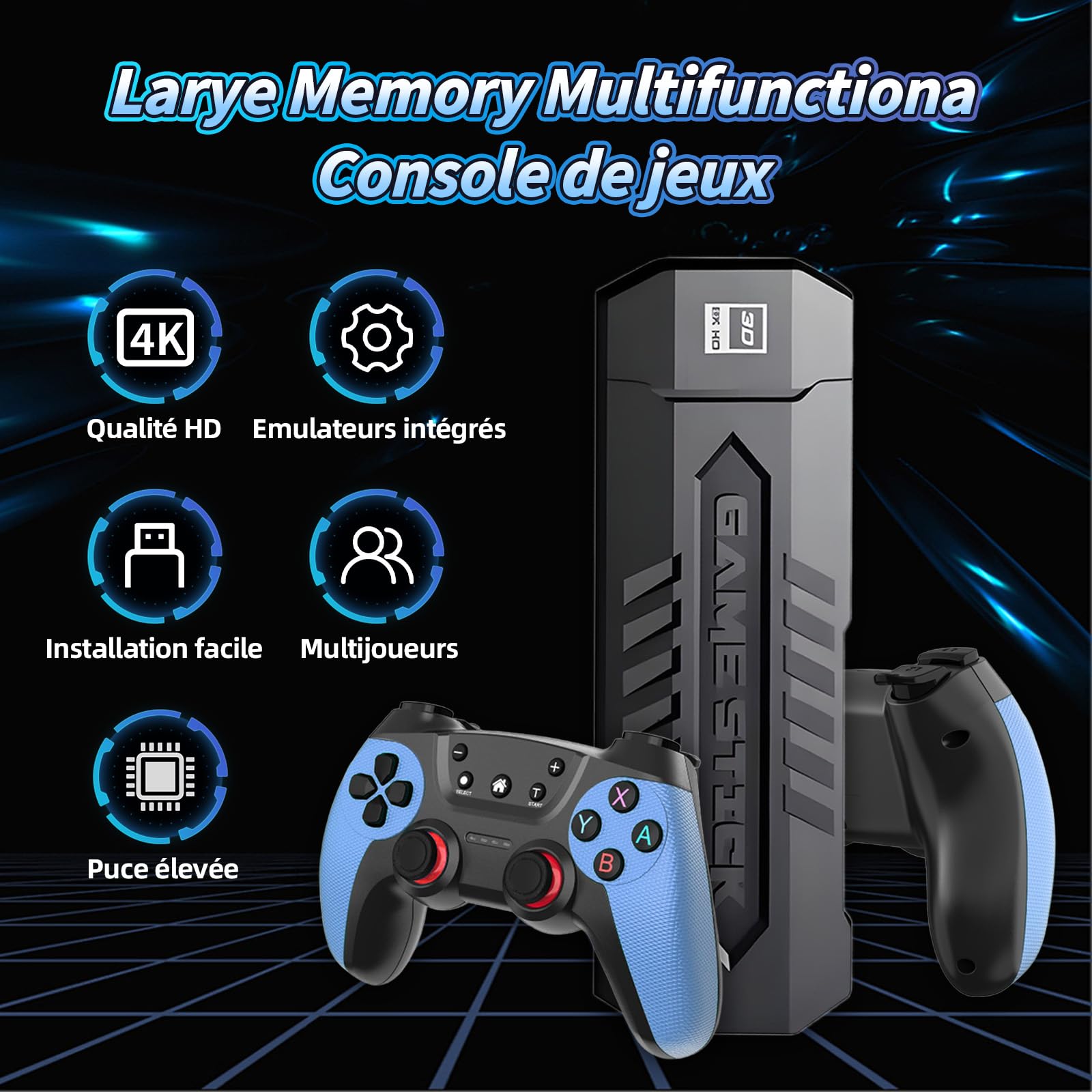 X2 Bleu Console de Jeux Retro 4K, Émulateur pour Console Vidéo, 70 000+ Jeux Rétro Intégrés, 50+ Émulateurs, Clé de Jeu Vidéo Plug and Play pour TV (256Go, Manette sans Fil Rechargeable)