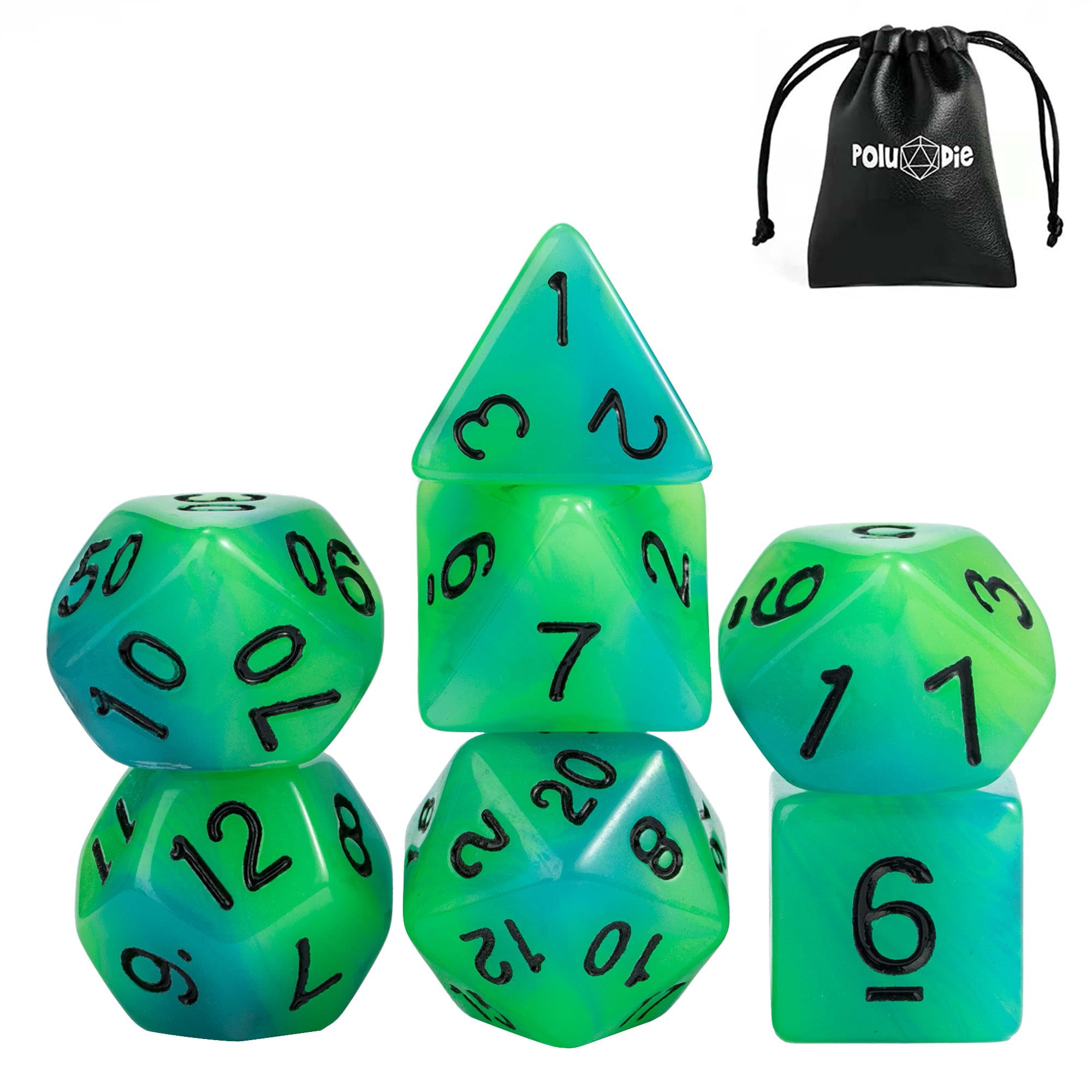 Poludie Glow in The Dark DND Dice, 7Pcs Luminous Polyhedral Die Set with Leather Die Bag, Glowing D&D Dice for RPG Table Games(Green Blue)