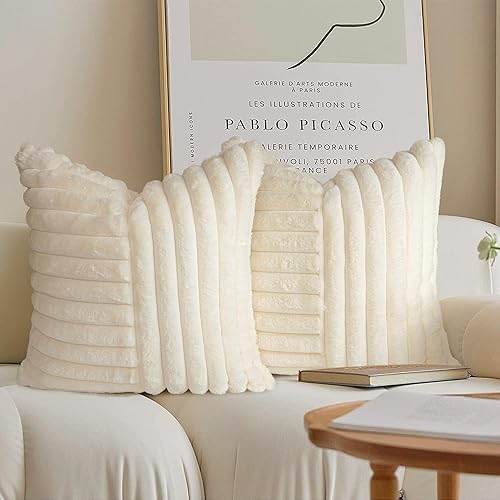 AELS Juego de 2 fundas de almohada de piel sintética suave a rayas de 20 x 20 pulgadas, fundas de almohada cuadradas de felpa decorativa para sofá,