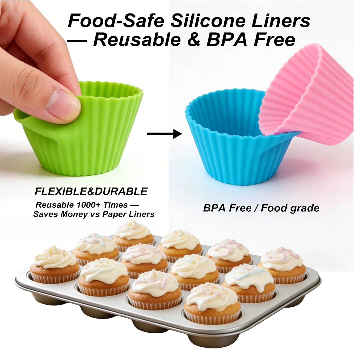 2-Pack 12-Cup Muffin Pan with 12 Silicone Cups, Carbon Steel Cupcake Baking Pan Set, Nonstick & PFOA-Free, Oven Safe to 450°F for Muffins, Egg Bites & Meal Prep