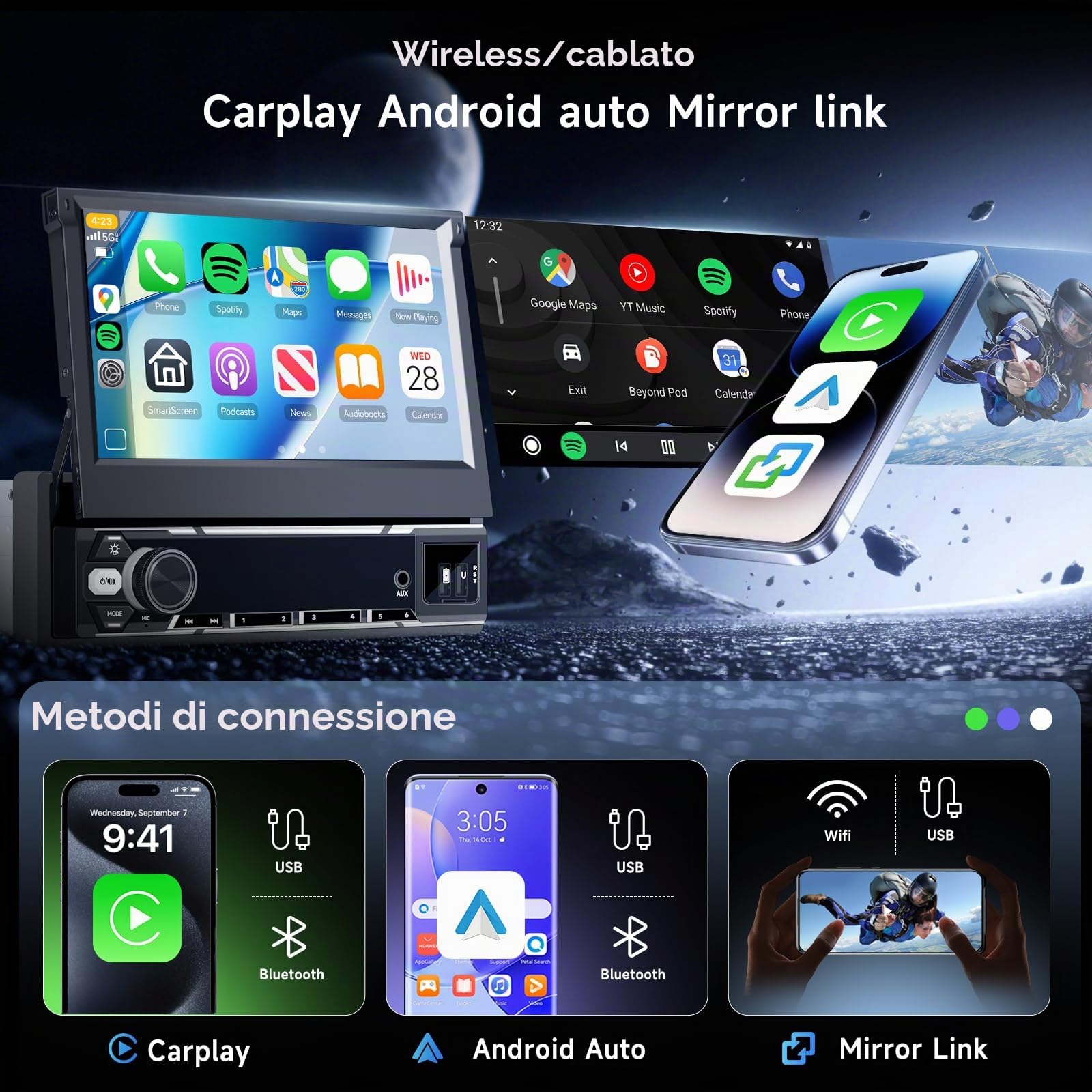 Hodozzy 6G+128GB Android 15 Autoradio 1 Din Schermo a Scomparsa con Carplay Wireless Android Auto, 7 Pollici Touchscreen Ribaltabile GPS Radio con WIFI, Bluetooth, FM/AM/RDS, DSP, Schermo Diviso, USB
