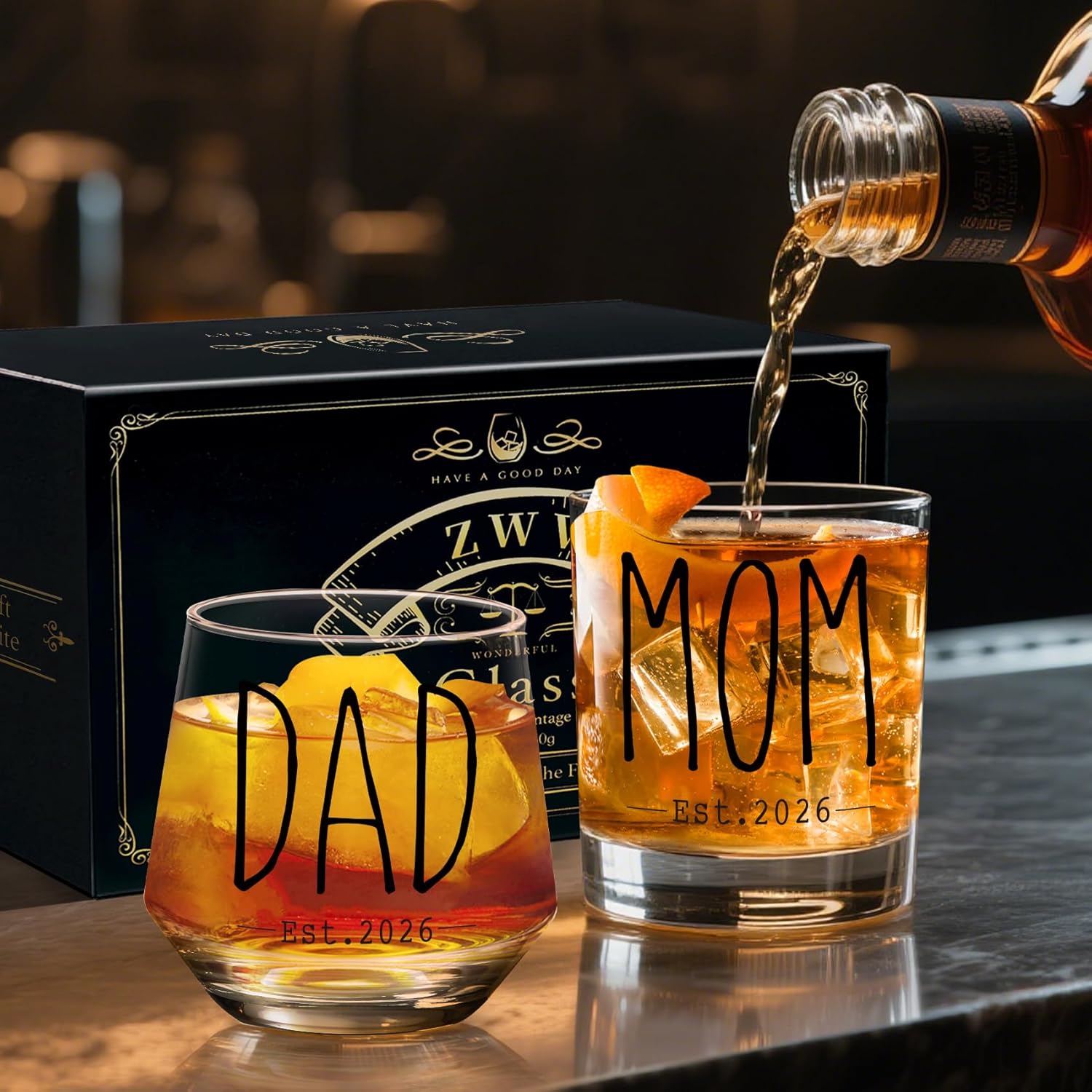 Mom & Dad Est 2026 Wine and Whiskey Glass Gift, New Parents Gifts for Couples, Mom and Dad Gifts for First Time Parents, New Mommy, Daddy to Be for Pregnancy Gender Reveal Christmas -125