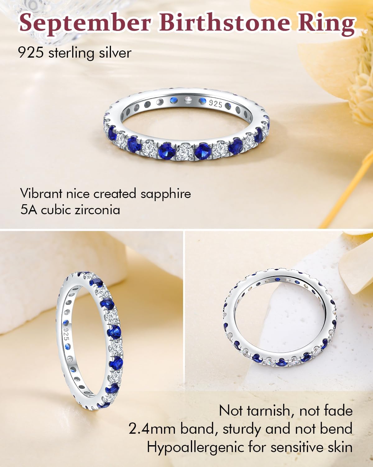 DAYBYDAY Sapphire/Emerald/Ruby Full Eternity Rings for Women, 2.4mm Thin Birthstone Stackable Rings, 925 Sterling Silver/14K Gold Plated Gemstone Wedding Band Size 6 to 10 - Image 4