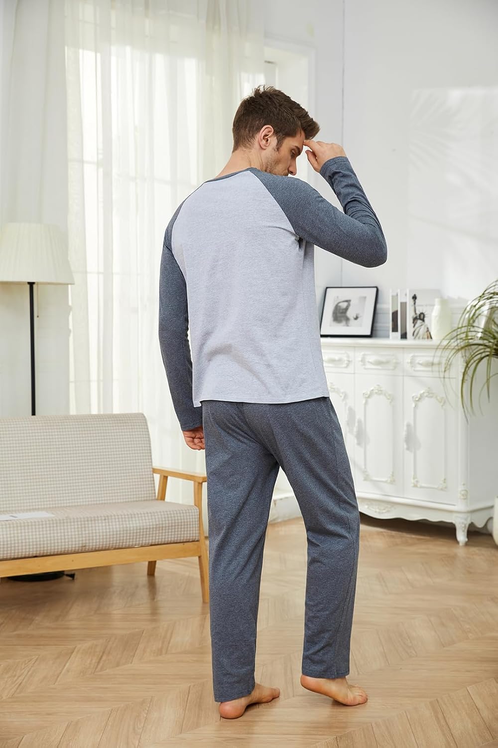 Men's Pajama Set 100% Cotton Mens Pjs Sets Long Sleeve T-Shirts and Pants Sleepwear Lightweight Soft Loungewear - Image 4