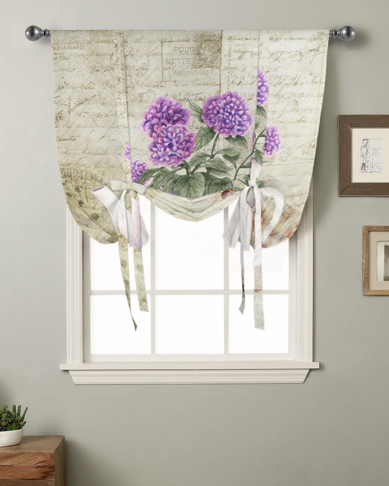 Yukro Tie Up Curtains Window Shades, Vintage Purple Flowers in Kettle Rod Pocket Tie Up Window Shade, Adjustable Balloon Curtain Shade for Blinds Kitchen Bathroom, 1 Panel, 42