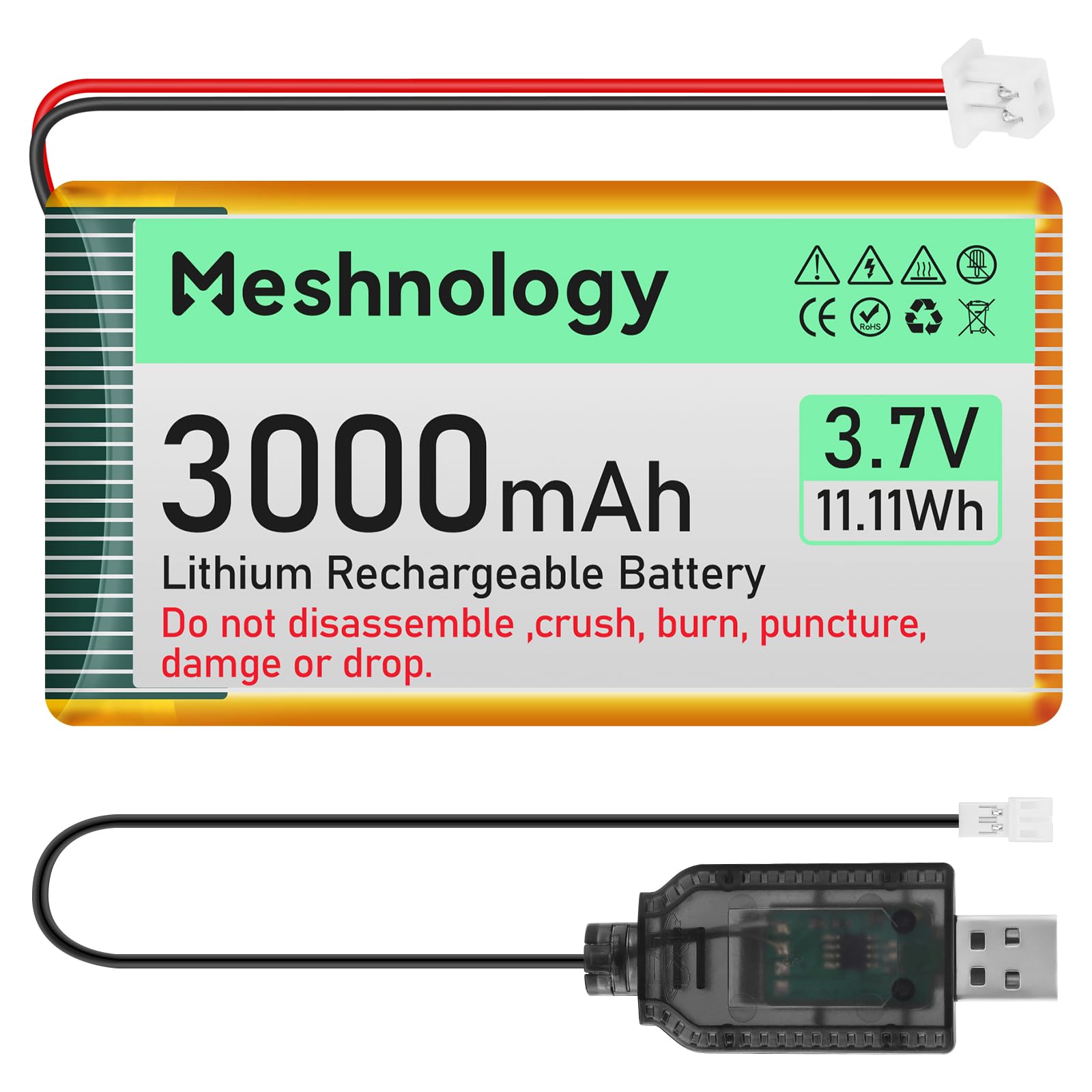 3.7V Lipo Battery 3000mAh 103665 with USB Charger Cable and PH2.0 Connector
