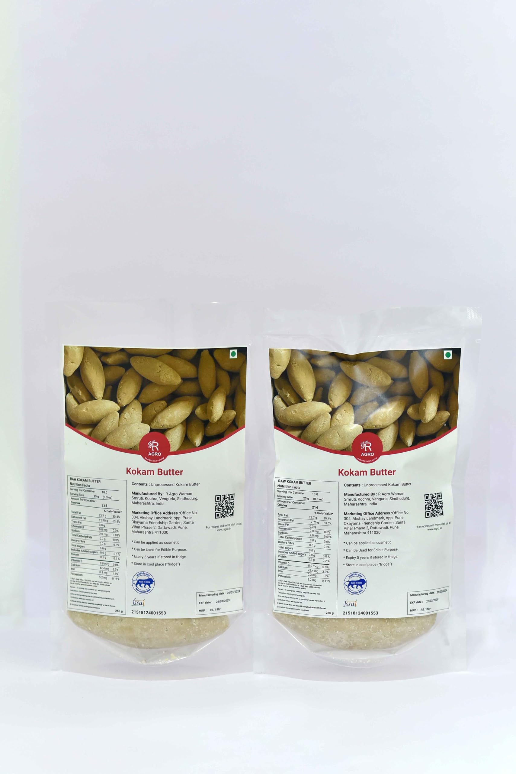 R Agro Kokum Butter/Bhirandel Without Added Color 250 Gm x 2 Packs-500gms