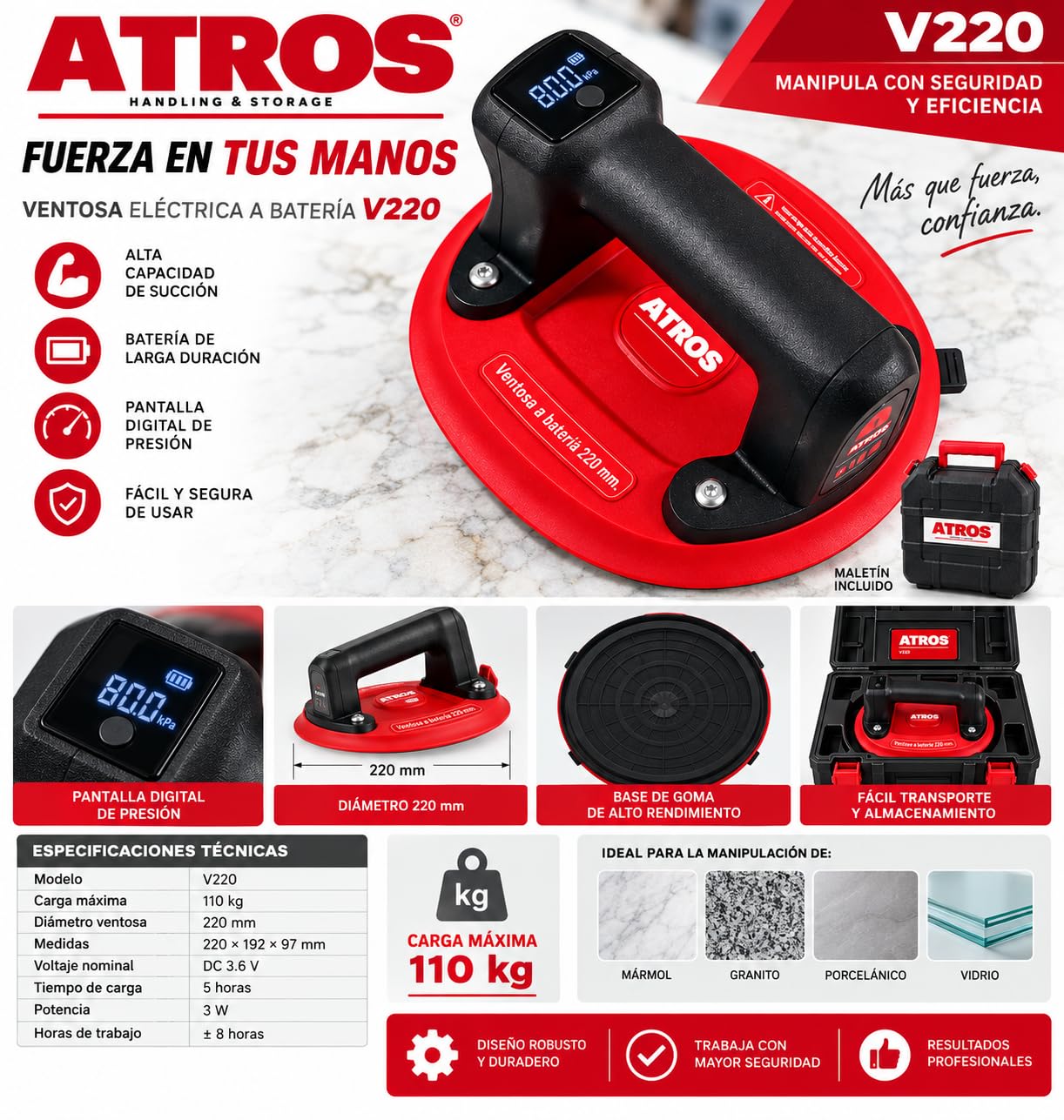 Ventosa eléctrica a batería ATROS V220, 110 kg, Ø220 mm, pantalla digital, USB-C, con maletín