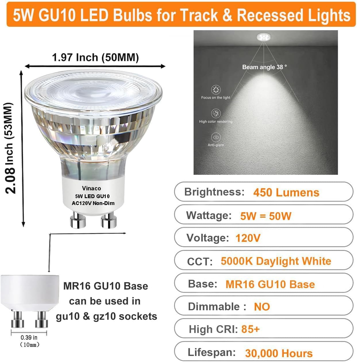 Vinaco GU10 LED Light Bulbs Non-Dimmable, 6PCS Long Lasting MR16 GU10 LED Bulb 5000K Daylight White Flicker-Free, 450LM GU 10 Bulb 5W (50W Equivalent) GU 10 Light, 120V 50W for Track Lighting