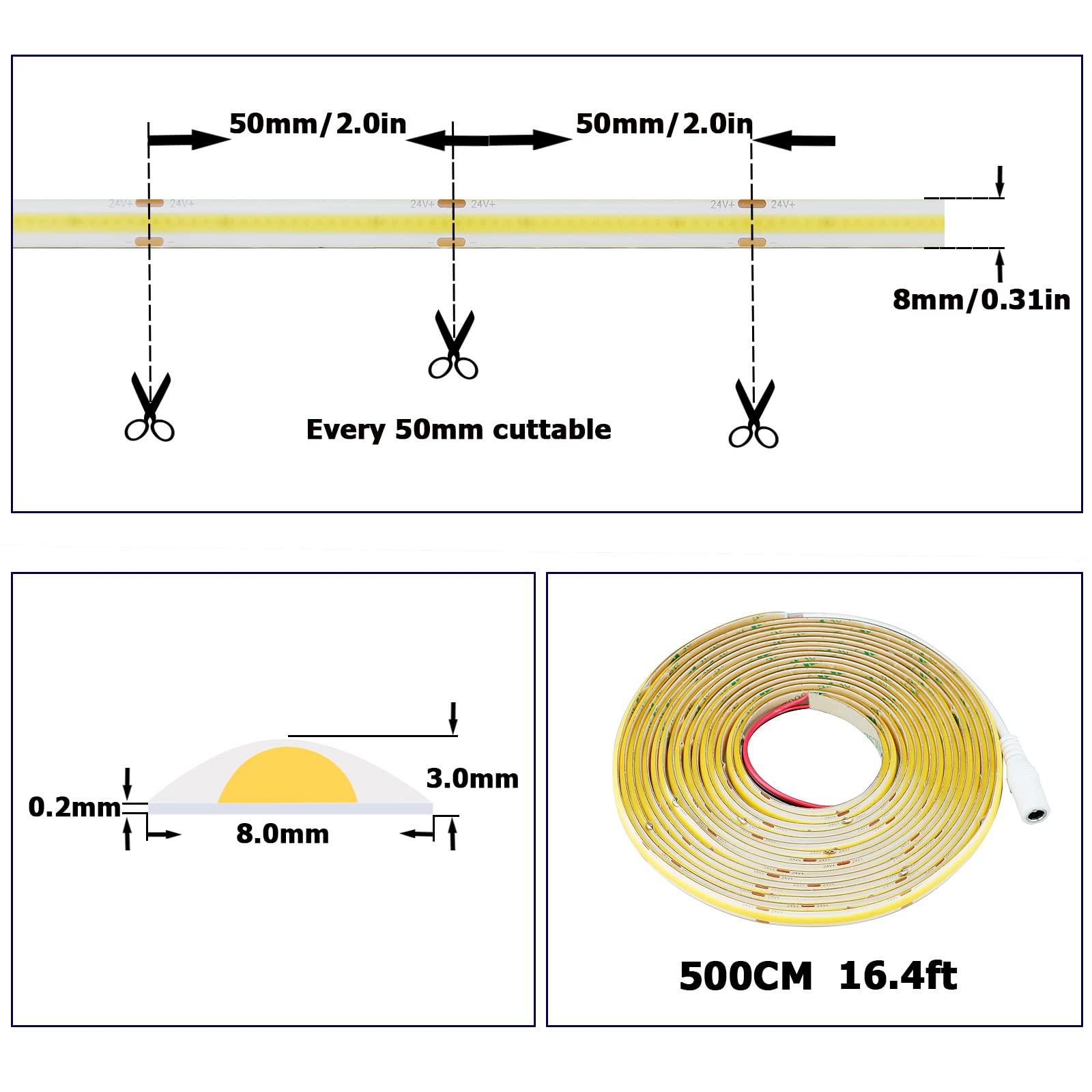 220V Spotless COB LED Strp Lghts P65 Hgh Densty Flexble