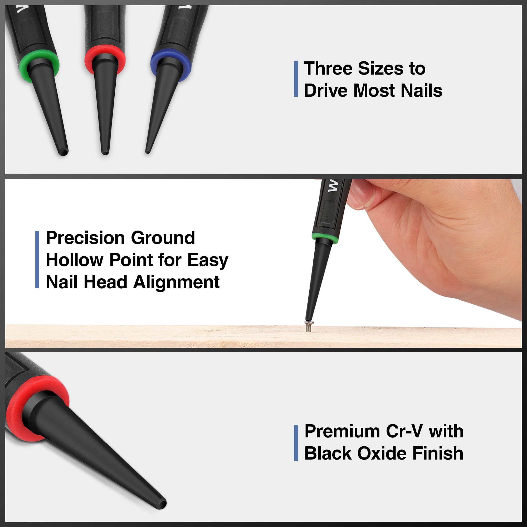WORKPRO 3-Piece Nail Punch Set Includes 1 32 1 16 3 32 Nail Setter Color Coded Nail Set — view 5