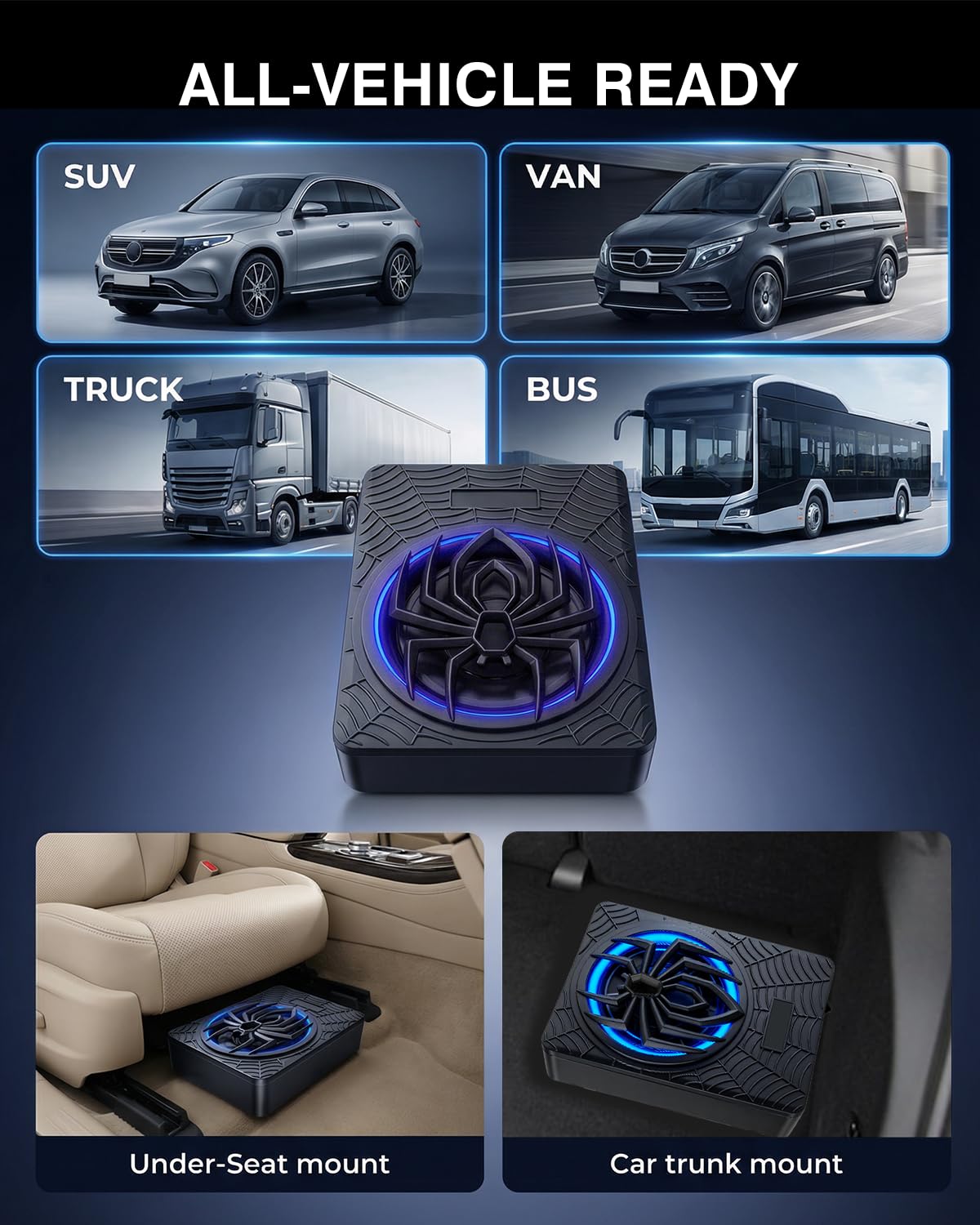 Subwoofer activo para automóvil, montable bajo los asientos, potencia máxima de 1200W, 10", módulo amplificador integrado, subwoofer compacto, iluminación ambiental RGB controlada por aplicación
