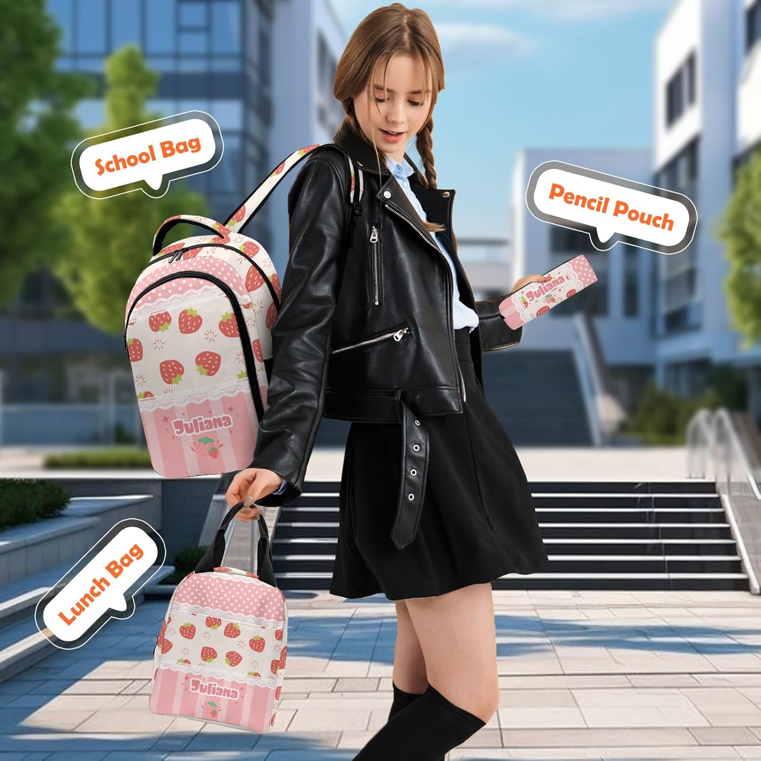 Voltexia Custom Strawberry Backpack with Lunch Box Pencil Case 3Pcs Personalized Backpack with Name Text Customized BookBag School Daypacks for Girls