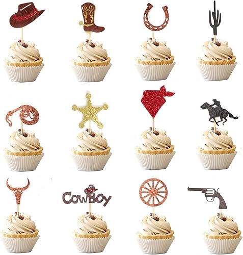 Miniatura 8 de 60 adornos de vaquero para cupcakes de 10 formas con purpurina para zapatos de caballo de vaquero, botas para cupcakes para temática occidental,