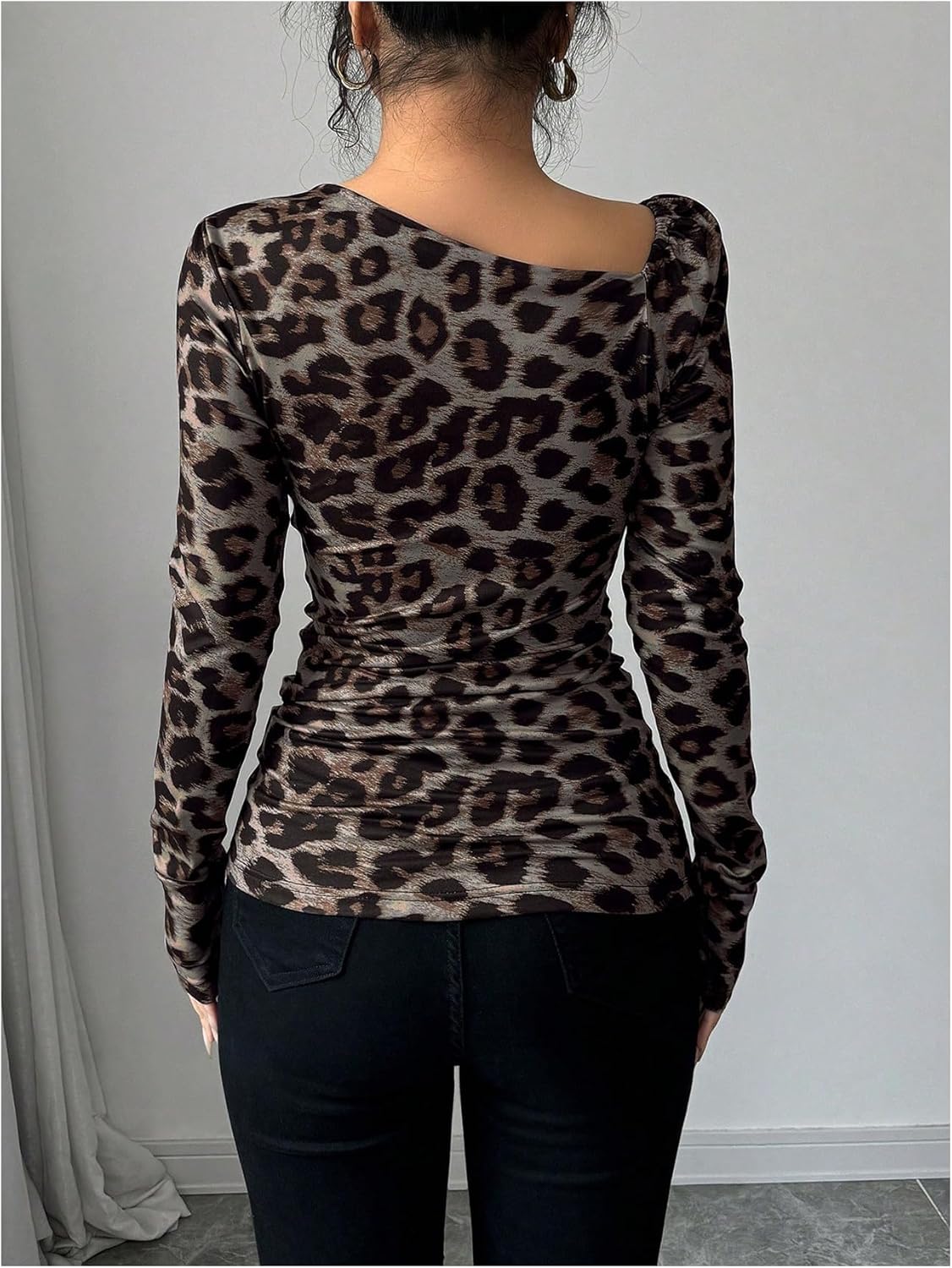 GORGLITTER Women's Leopard Cheetah Print Long Sleeve Top Animal Asymmetrical Neck Tees Crop Tops Trendy Dressy 2025 - Image 2