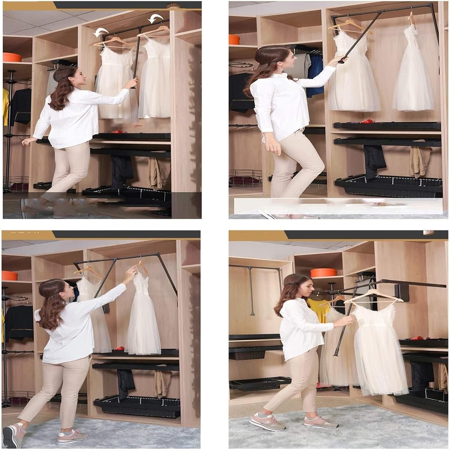 Adjustable Wall-Mounted Pull-Down Wardrobe Rail, Space-Saving Foldable Storage System, 20 Kg Load Capacity, 600-830mm for Efficient Closet Organization