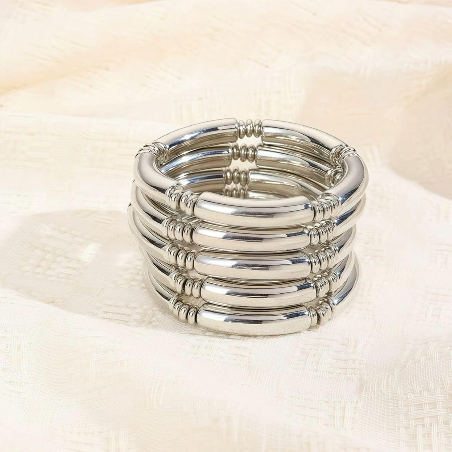 5PCS Gold Plated Chunky Bamboo Tube Bangles Set Stackable Stretch Acrylic Bracelets for Women Hypoallergenic Layered Cuff Jewelry Gift - Image 4