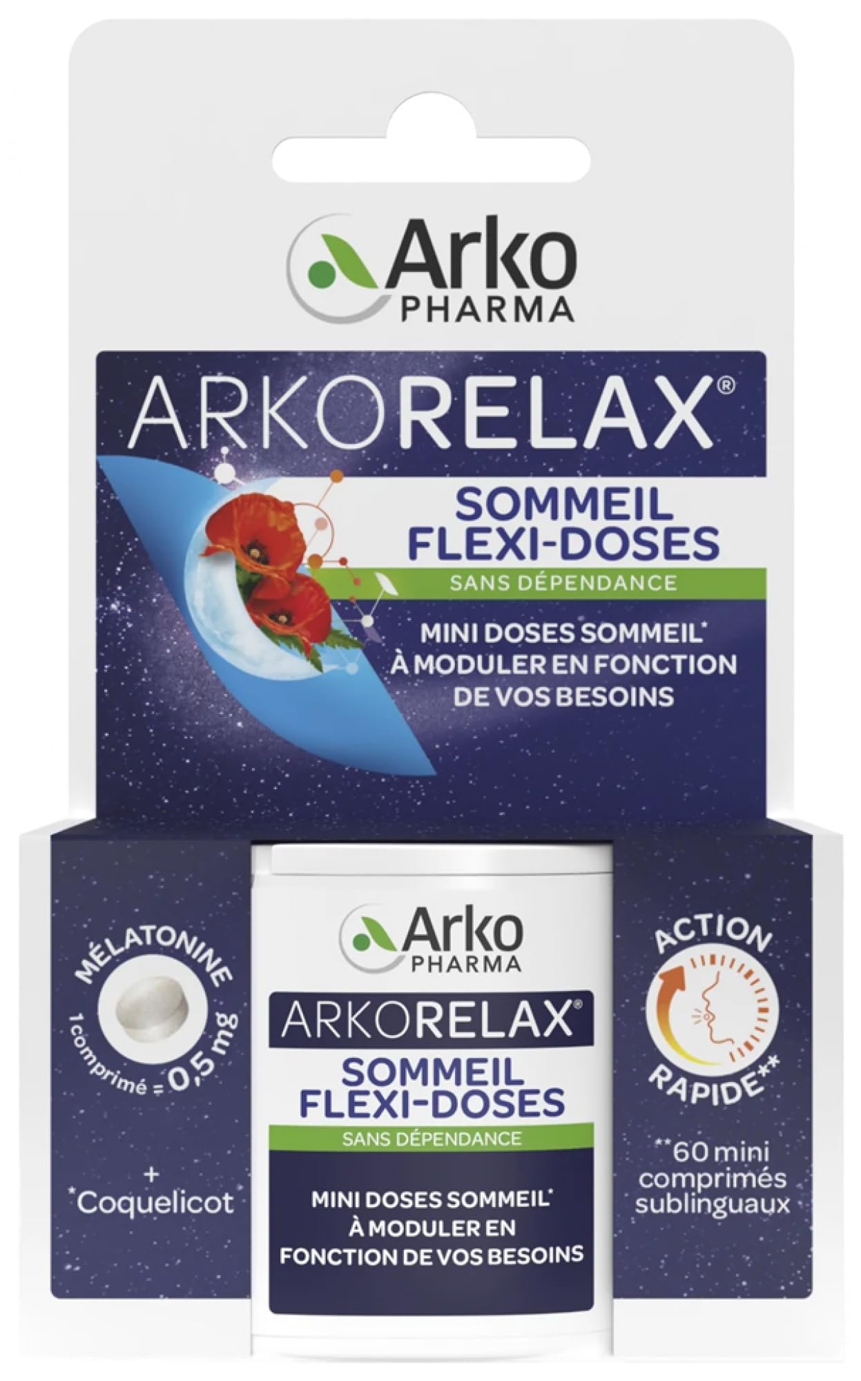 Arkopharma Arkorelax SommeilFlexi-Doses pour Adults en Usage Nuitamment - 60 Mini Comprimés Sublingaux