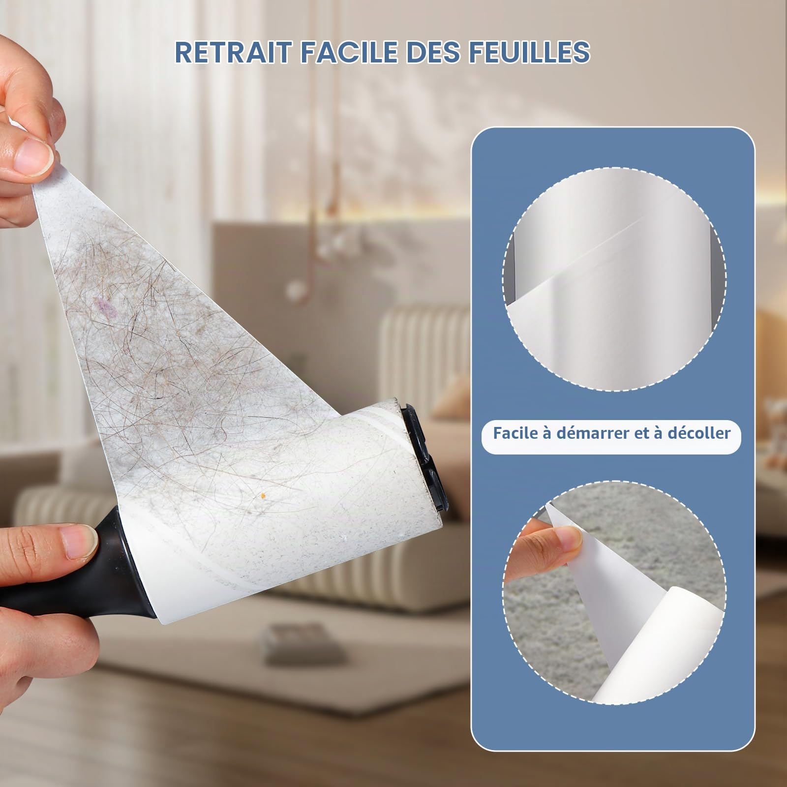 Vinabo Rouleau Adhesif Vetement Recharges 6 Rouleaux,Total 360 Feuilles Rouleau Poils Animaux très Collant,Recharge Brosse Anti Poils Animaux pour Vêtements,Lit,Tapis,Poils d'animaux Chats/Chiens