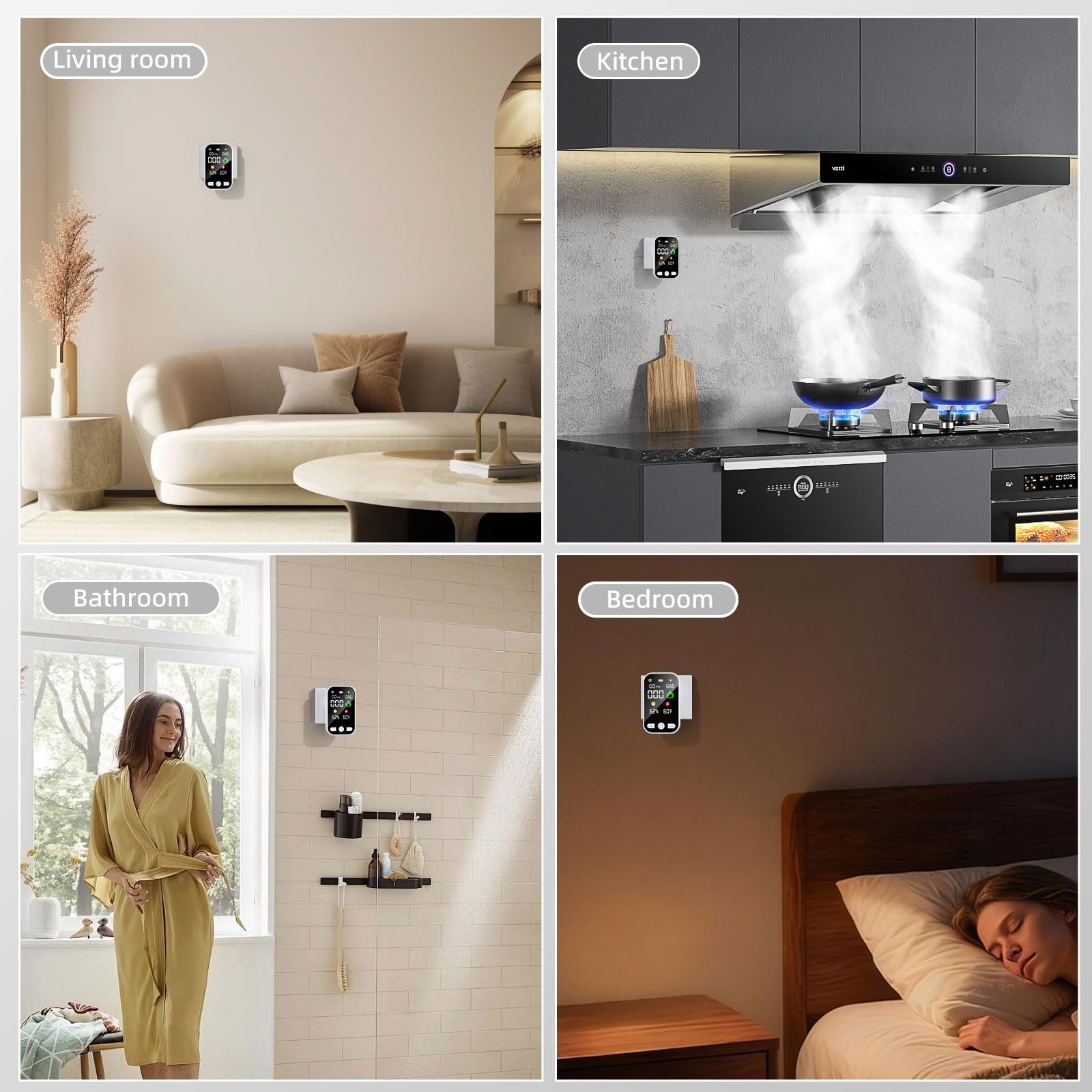 4 in 1 Plug in Rilevatore di Monossido di Carbonio, Allarme CO Portatile, Rilevatore di Gas con Batteria Ricaricabile Integrata da 1000 mAh e Schermo HD [CO Temp Umidità] - Norma EN 50291 - Bianco