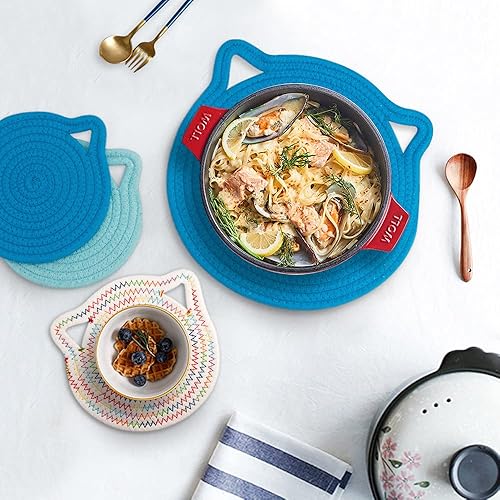 Miniatura 7 de YONOVO Juego de salvamanteles de algodón de 12 pulgadas, 3 piezas de bonitos soportes grandes con orejas de gato, almohadillas térmicas, gruesas