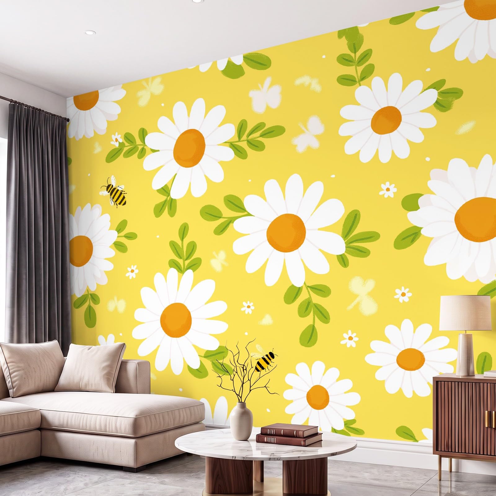 Tapeta na flizelinie, tapeta ścienna, stokrotki, zielone liście, ciepła żółta, fototapeta z motywem 200 x 140 cm, obraz ścienny, dekoracja do pokoju dziecięcego, jadalni, na ścianę, dziecięca, wesoła