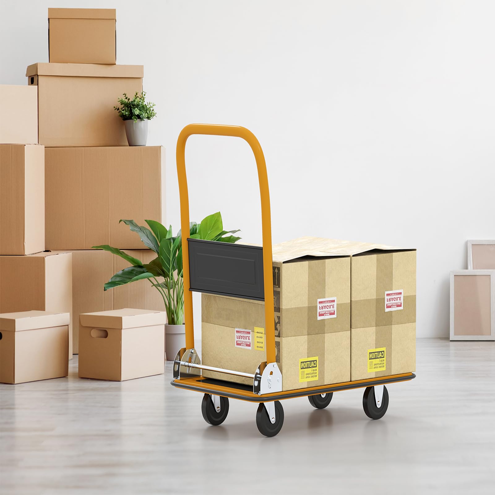 SOARS Carro de Plataforma, Carro Plegable con Rueda, Capacidad 150 KG, con Plataforma Antideslizante, 4 Ruedas, para Transporte, Manejo y Demenagement, 73 X 48 X 83 CM (Negro+Amarillo)