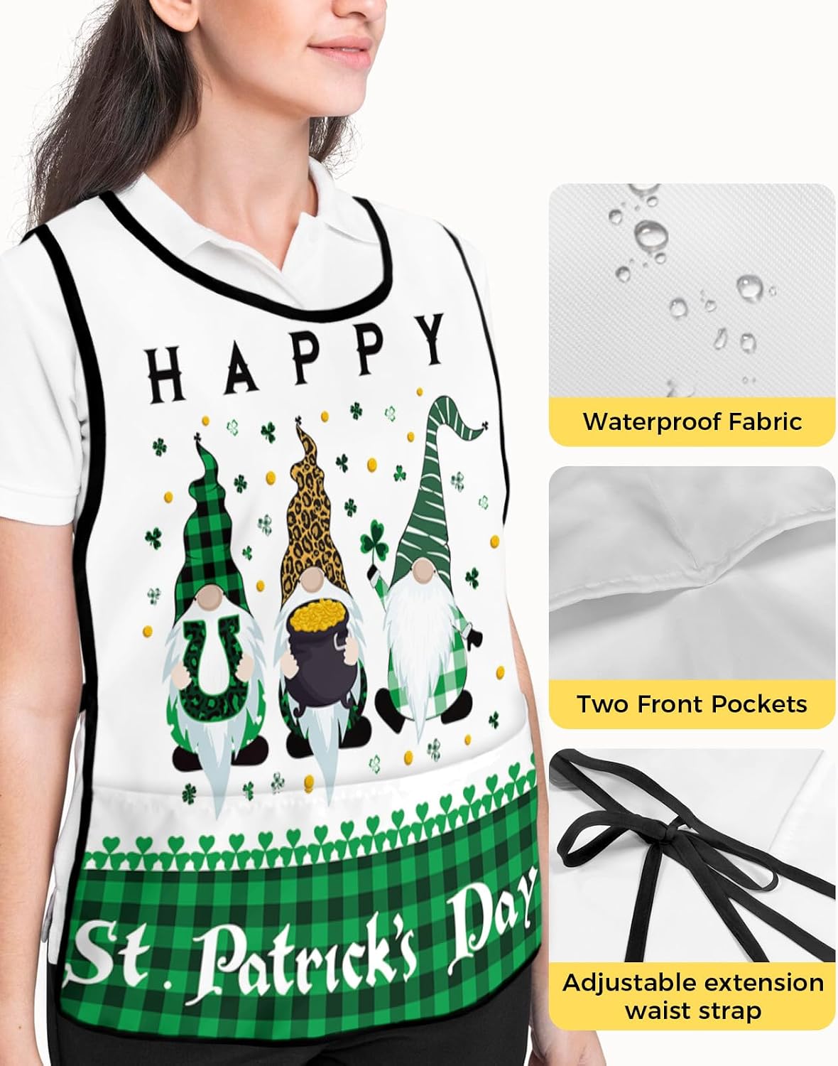 Unisex Cobbler Apron with 2 Pockets, Happy St. Patrick's Day Gnomes Clover Green Buffalo Plaid Waterproof Vest Kitchen Chef Apron, Smock Apron Vest Cobbler Aprons for Women Men, 2 Pack, 20” x 31.5”