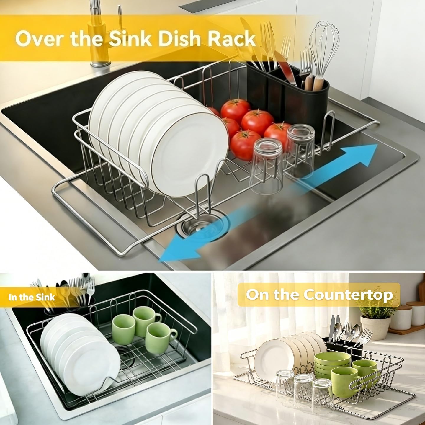 Dish Drying Rack in Sink & Over The Sink, Expandable Stainless Steel Dish Drainers for Kitchen Counter, Inside Sink Dish Dryer Rack with Utensil Holder, Rust-Resistant, Silver