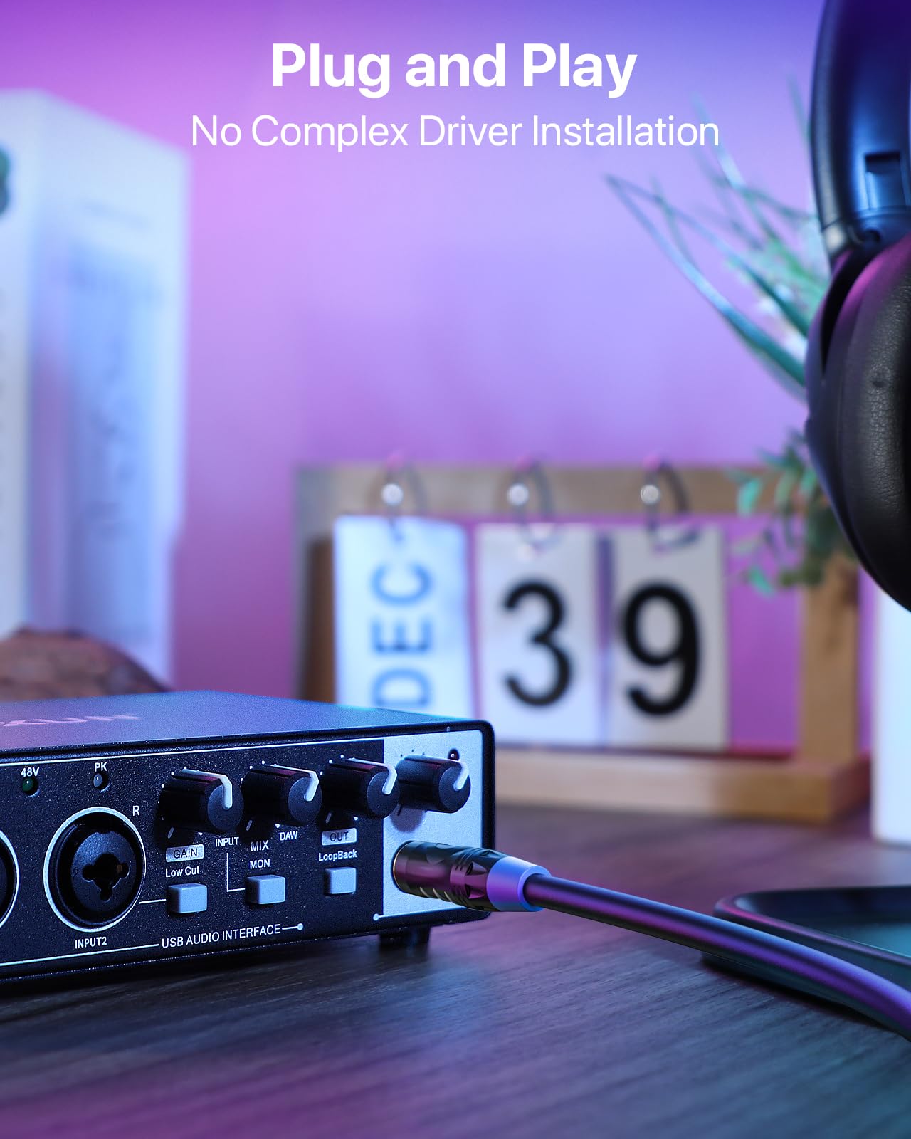 Scheda audio esterna,2×2 Interfaccia audio USB-C per PC,24 bit/192 kHz, Doppi ingressi TS/XLR,Alimentazione fantasma +48 V,per Studio/Podcast/Live Streaming (Nero))