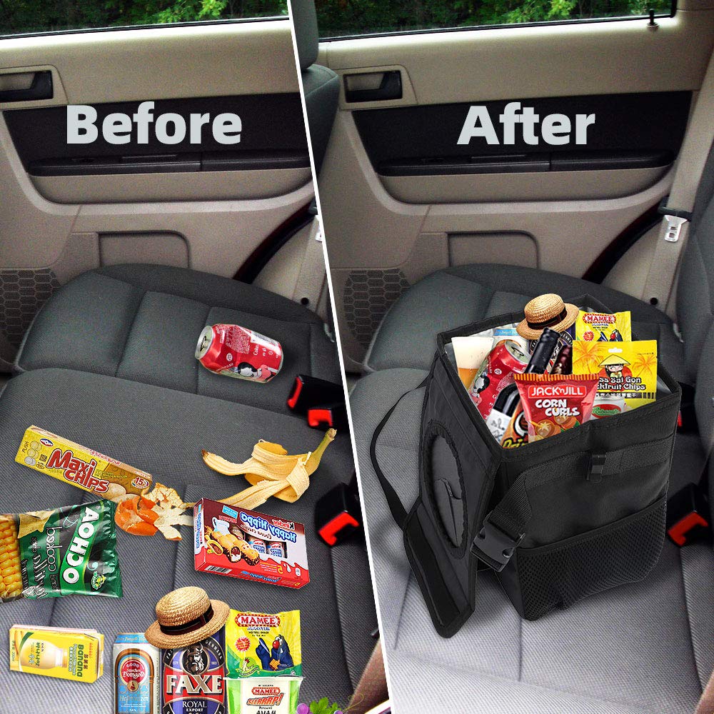 Caferria Car Trash Can Garbage Bag with Lid and Storage Pockets Hanging Car Garbage Bag Collapsible Portable Leak-Proof Vinyl Inside Lining