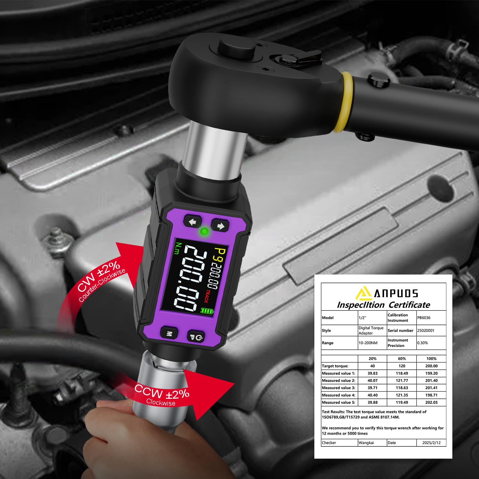 ANPUDS Adaptateur Dynamométrique Numérique 1/2'' 4-200 Nm, Clé Dynamométrique Électronique Ultra-Fine pour Espaces Confinés, Précision ±2%, LED, Alerte Sonore pour Auto, Moto, Vélo