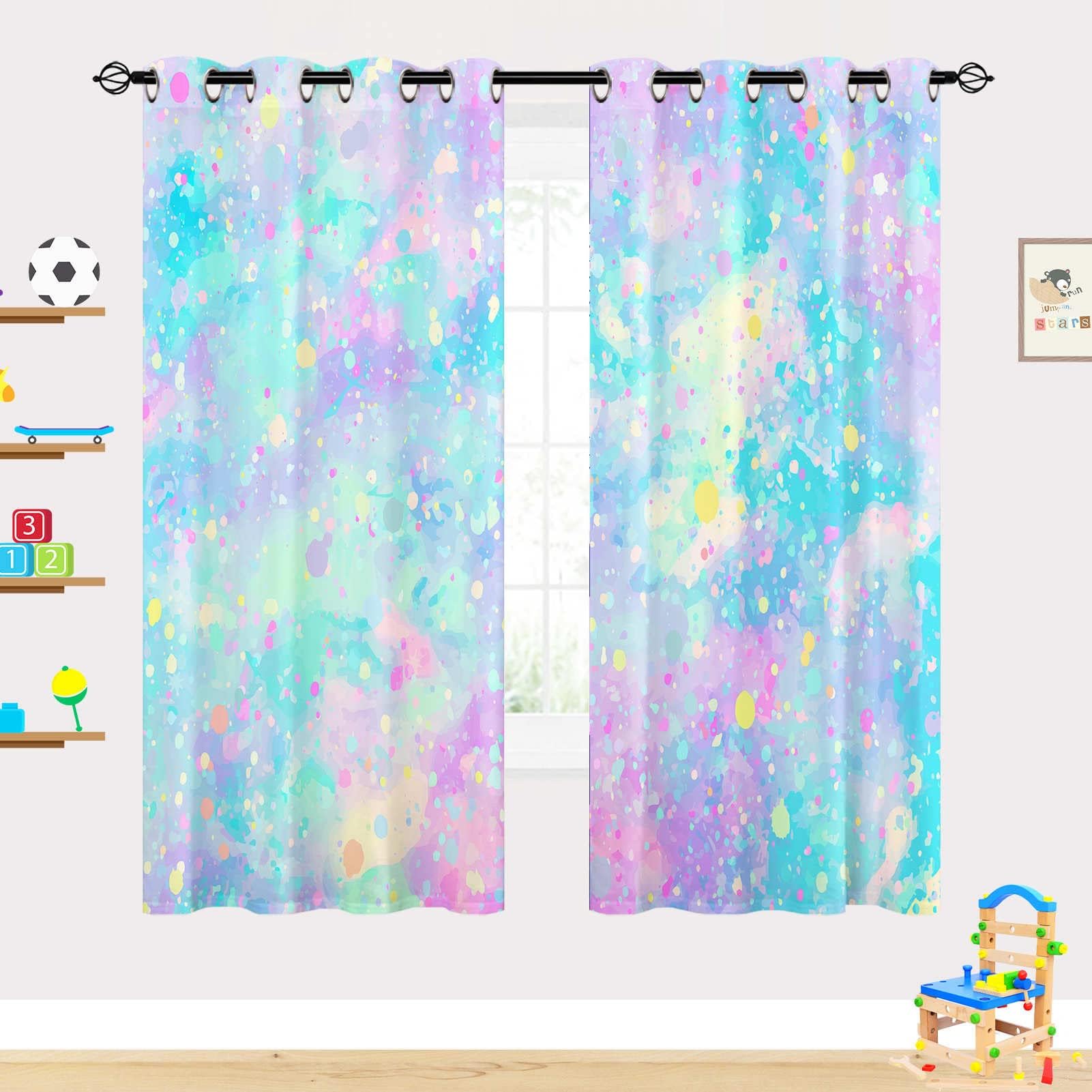YUANZU Rideaux Arc-en-Ciel - Motif Dégradé Fantaisie avec Éclaboussures, Œillets Occultants & Isolation Thermique pour Chambre d'Enfants (Garçons/Filles) - 2 Panneaux L117 x H137cm