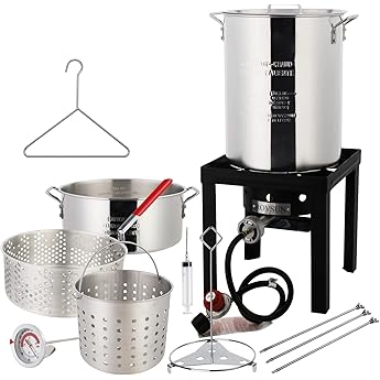 Outdoor Turkey Deep Fryer Set Seafood Boiler Kit Fish Fryer with Crawfish Boil Pot Basket 55000 BTU Untimed Gas Burner Heavy Duty Steel Frame 30 & 10 Quart Aluminum Stock Pot & Basket Lid