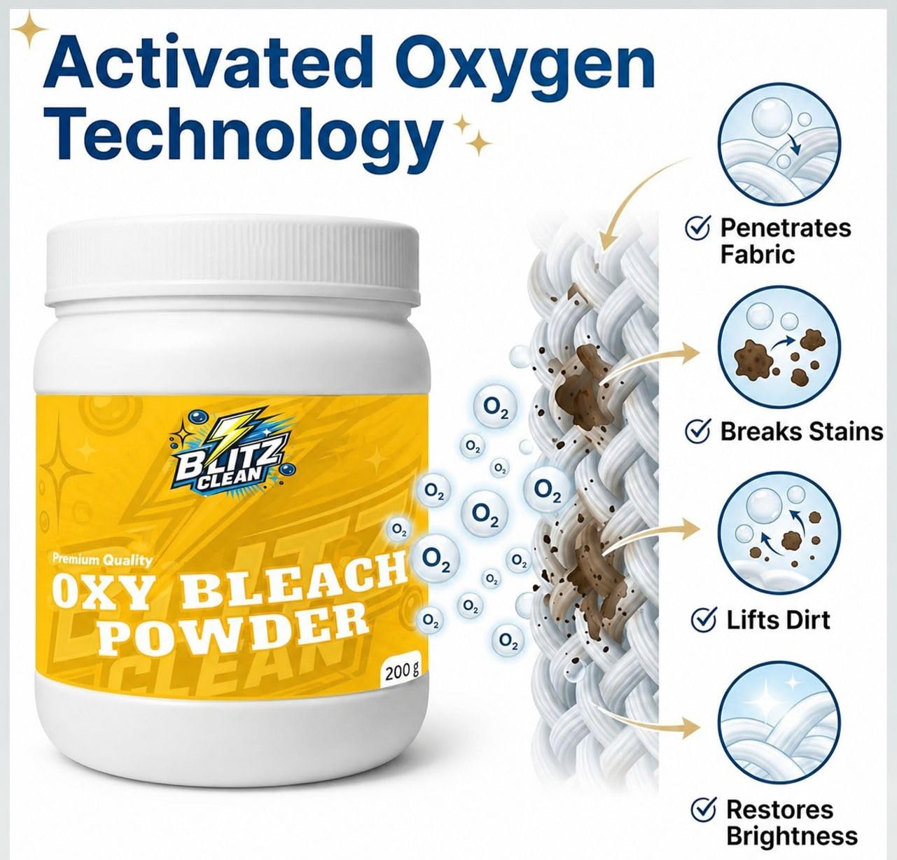 BLITZ CLEAN Oxy Bleach Powder for Clothes – Oxygen-Based Stain Remover & Whitening Booster – Safe for Coloured & White Fabrics – 200g 1