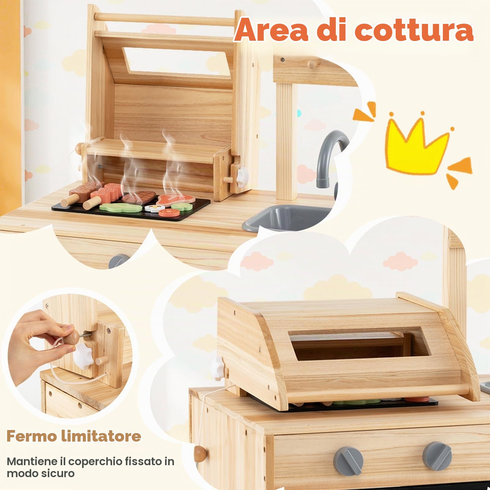HOMASIS Cucina per Bambini da Esterno, Cucinetta da Gioco con Griglia, Lavagna e Lavello, Cucina Giocattolo con 27 Accessori per Bambini dai 3+ Anni in su, Naturale