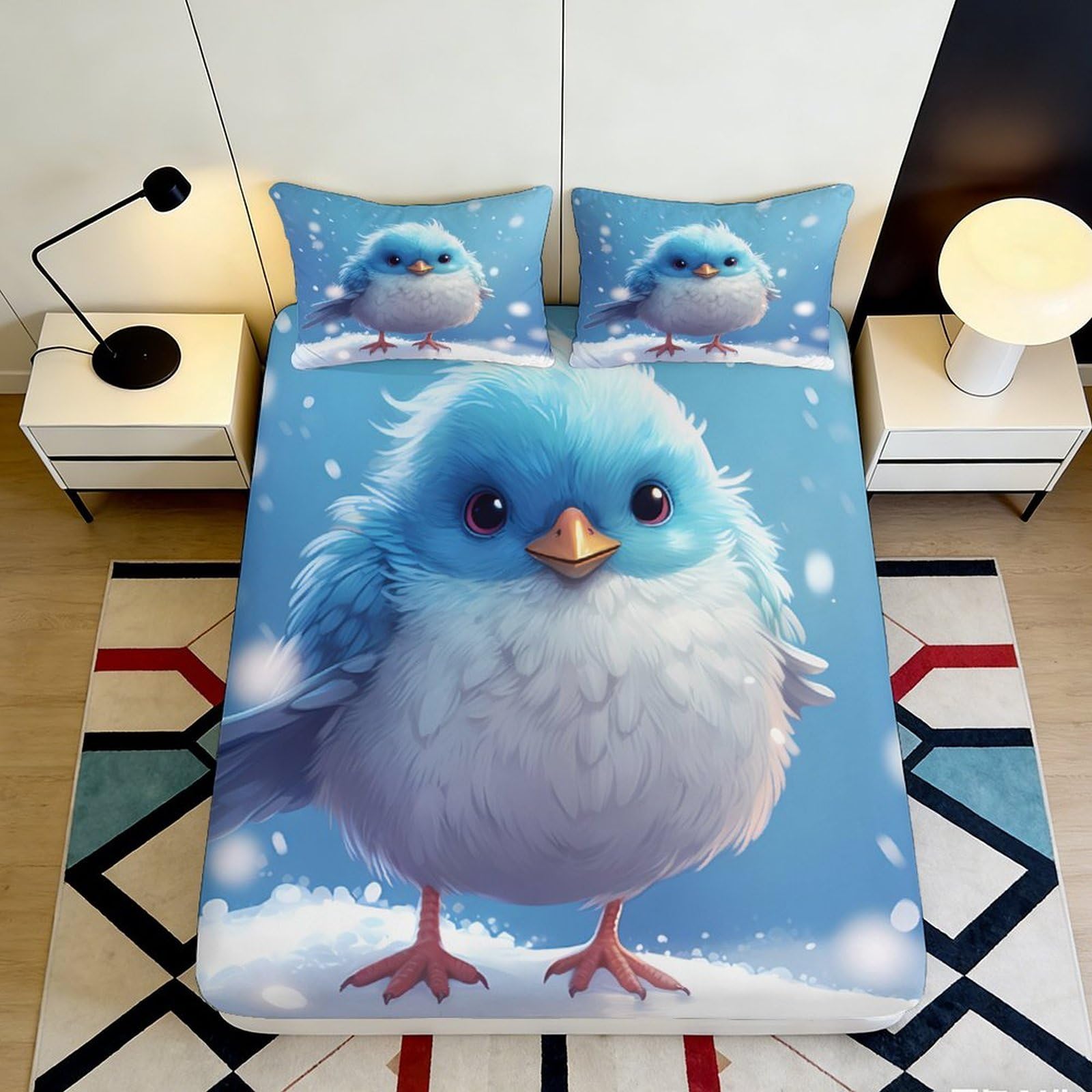 Kzqnxhjprl Style-9 3D Printed Blue Cartoon Bird Fitted Sheet Microfiber Anti-Slip Snowy Chick Mattress Cover For Bedroom Home Decor 90X200x25cm