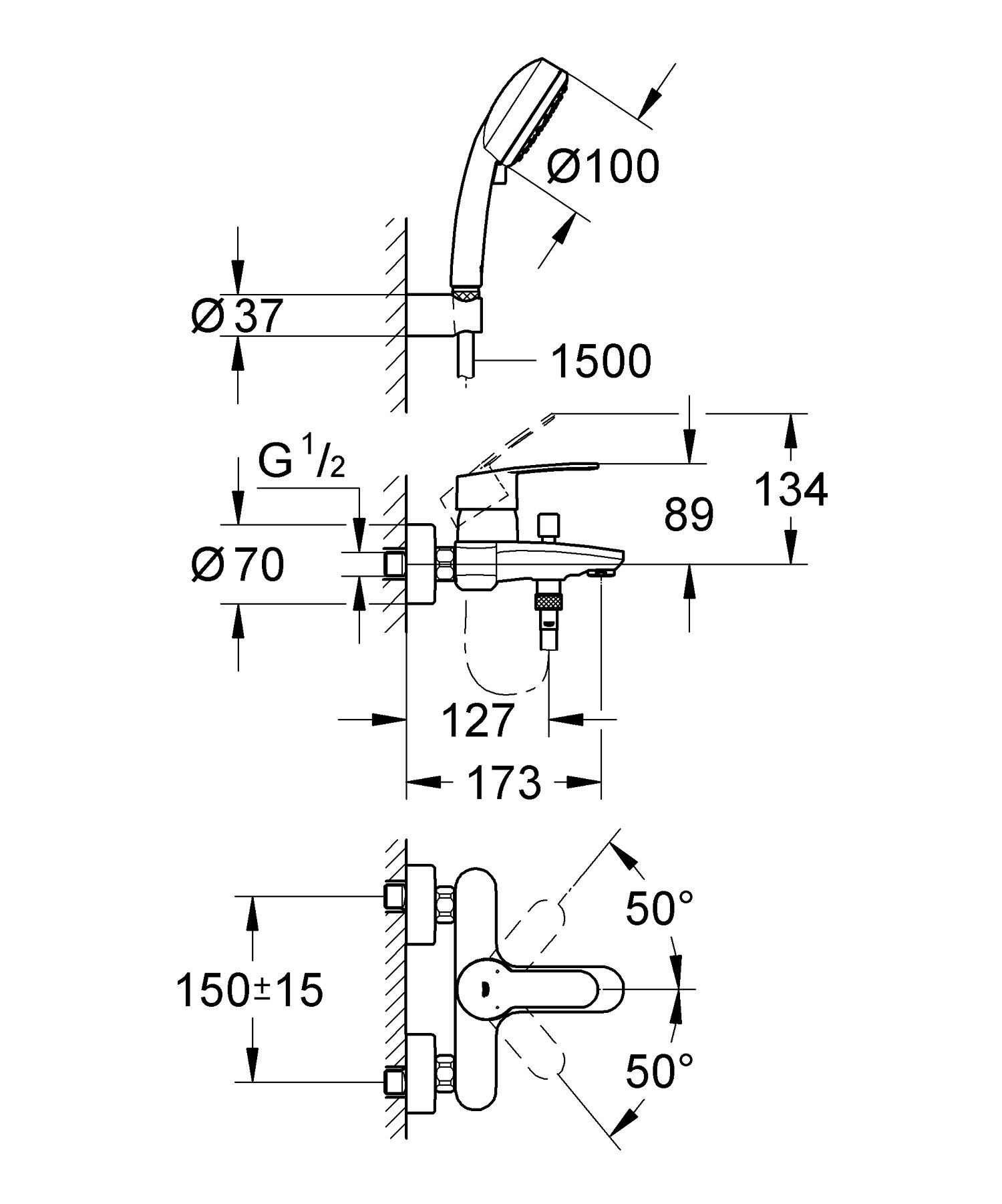 GROHE Eurostyle Cosmopolitan - Einhand-Wannenbatterie (mit Brausegarnitur, Wandmontage, automatische Umstellung: Wanne/Brause), chrom, 3359220A