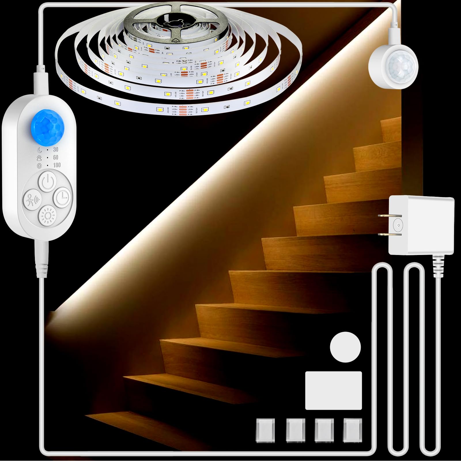 orgaror Dual Sensor Stair Lights Indoor, Motion Activated Plug-in Step Light Strip Indoor with Dimmer, Delay Timer for Stairway (Warm White 3000K (32.8FT Light Strip), Power Adapter (9.84FT Cable))