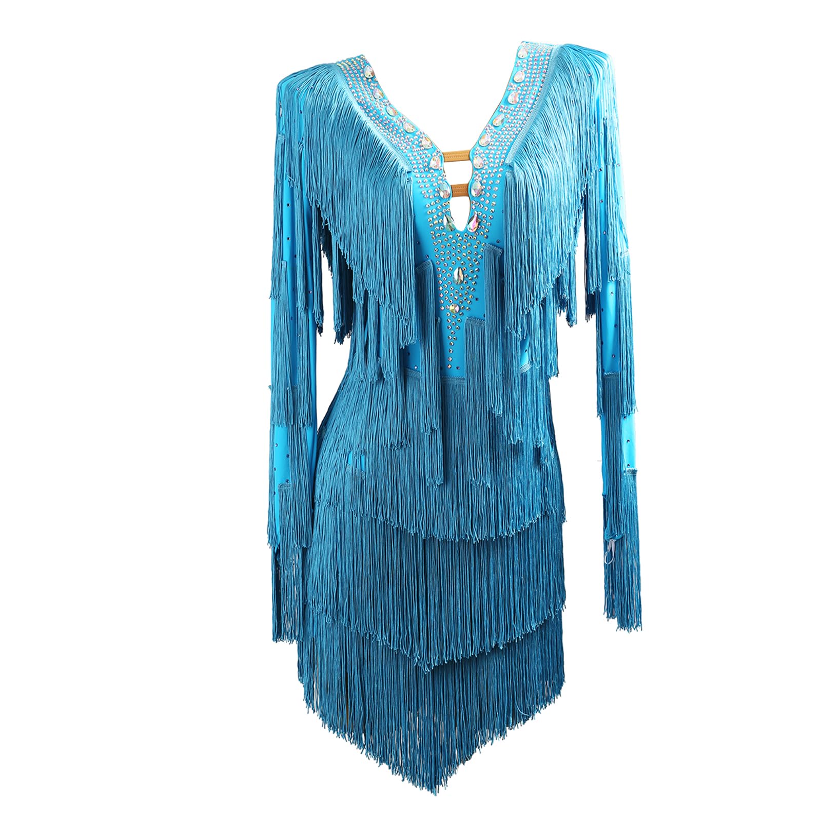 LIUHUO Latein-Tanzkleid, Ballsaal, Wettkampfkleid, Damen, Blau | Tango Ballsaal Tanzkostüm Fransen Flapper Langarm Glänzend Diamant