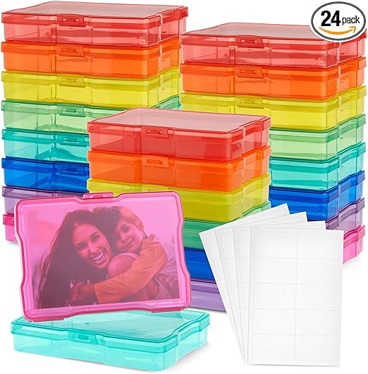 Bright Creations 24 Pack Photo Storage Boxes for 4x6 Pictures with 40 Blank Labels - Greeting Card Organizer - Photo Storage Containers (64 Total Pieces)