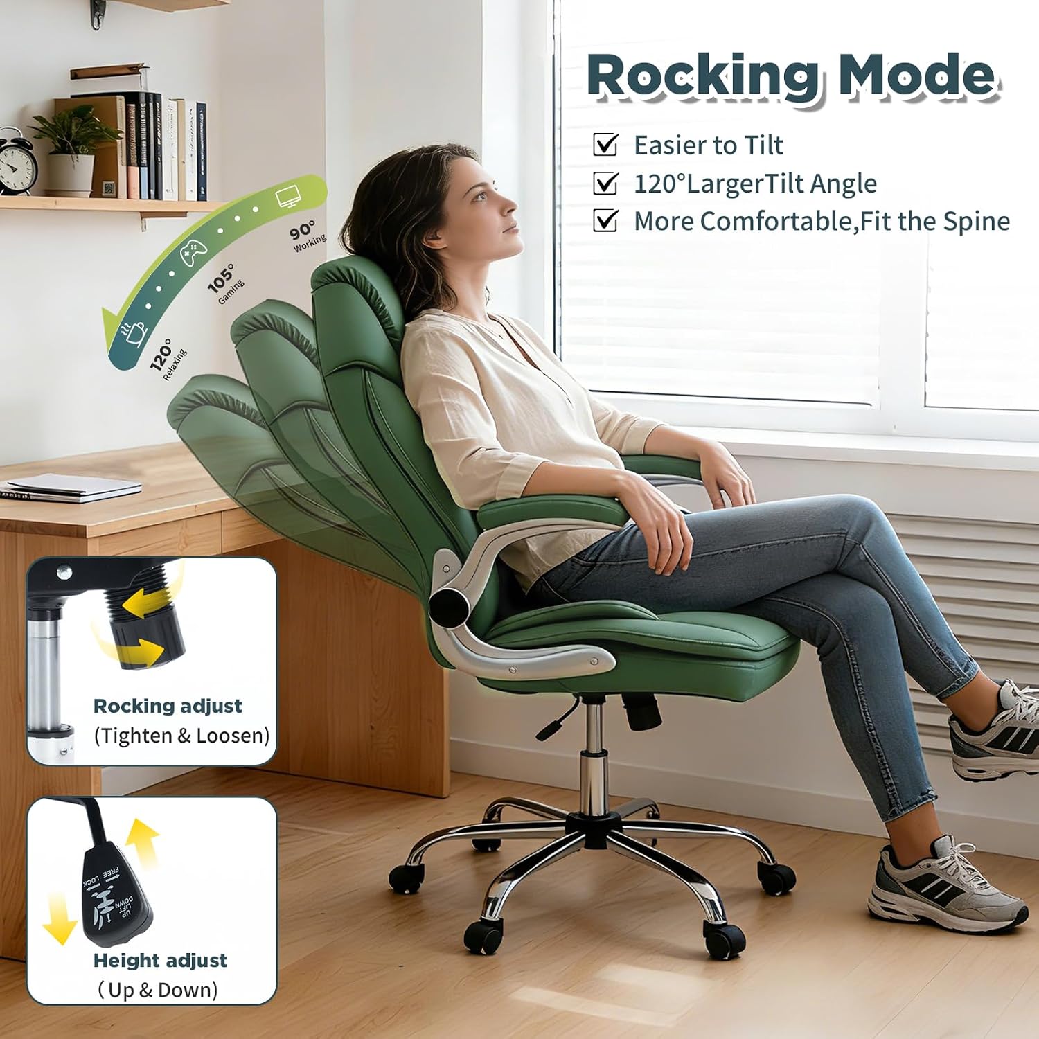 Comfy Green Office Chair Criss Cross Cute Desk Chair for Women | Adjustable Lumbar Support, Flip-up Arms, Faux Leather, Plus Size, Wheels thumbnail