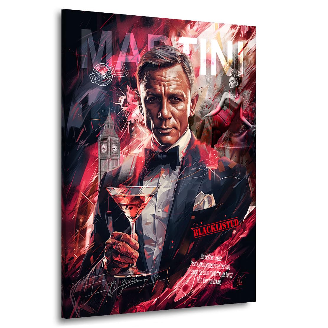 Kunstgestalten24 | James Bond Martini Pop Art Leinwand-Bild | Leinwandbild mit Echtholz-Keilrahmen | Wandbild Gemälde Kunst Art | Hochwertige Kunstdrucke | XXL Bilder auf Leinwand