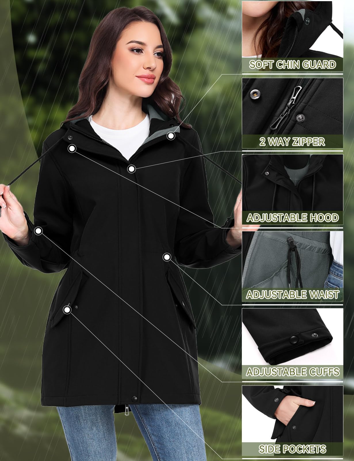 Yuson Girl Chaqueta Softshell Mujer Impermeable Chaqueta de Entretiempo Cortavientos con Capucha Ligera Transpirable Abrigo Forro Polar Funcional Parka de Senderismo