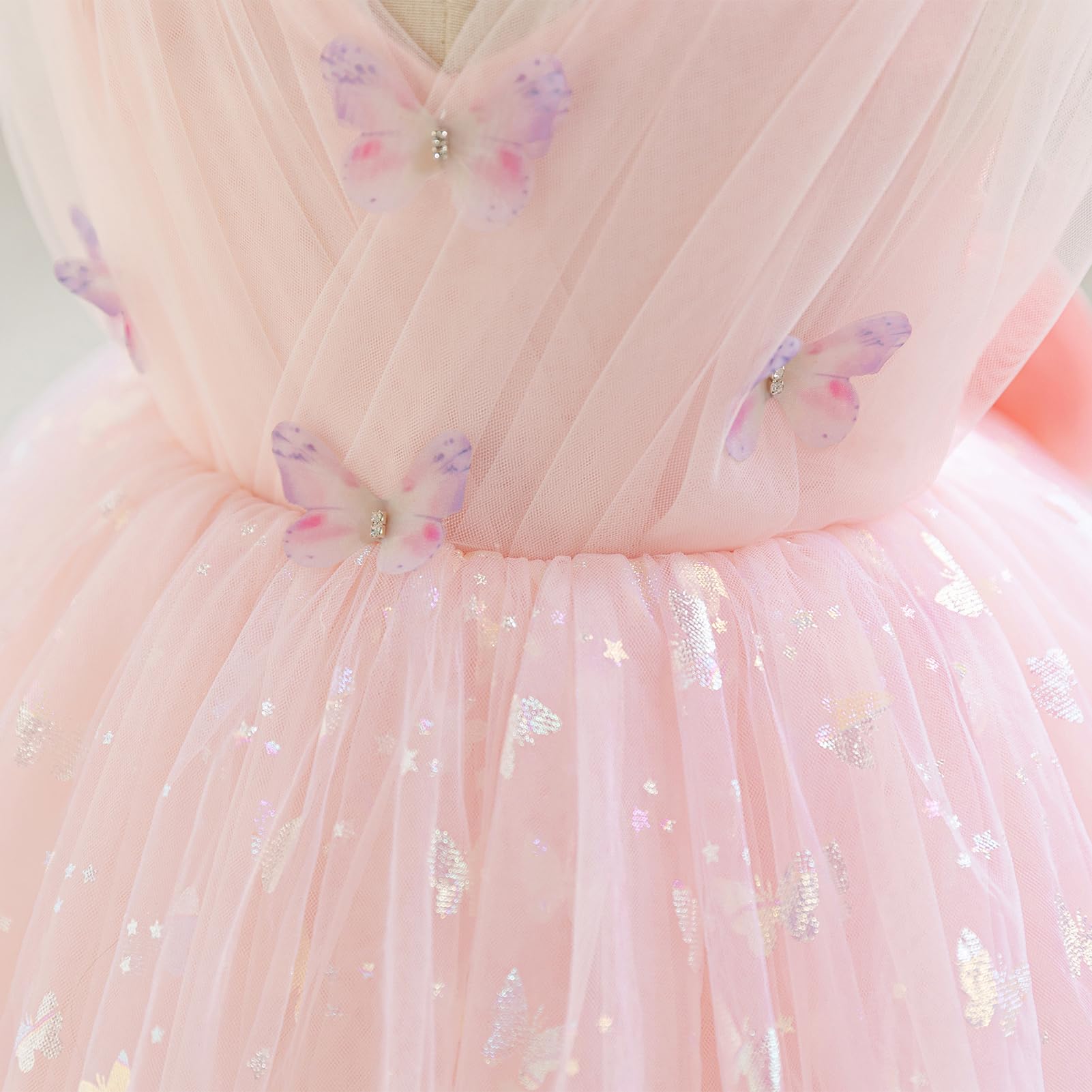 IDOPIP Bebé Niña Sin Mangas V - Cuello Tul Tutú Vestido Princesa Flor Chica Vestido Arco Elegante Cumpleaños Celebración Formal Fiesta Vestido De Fiesta