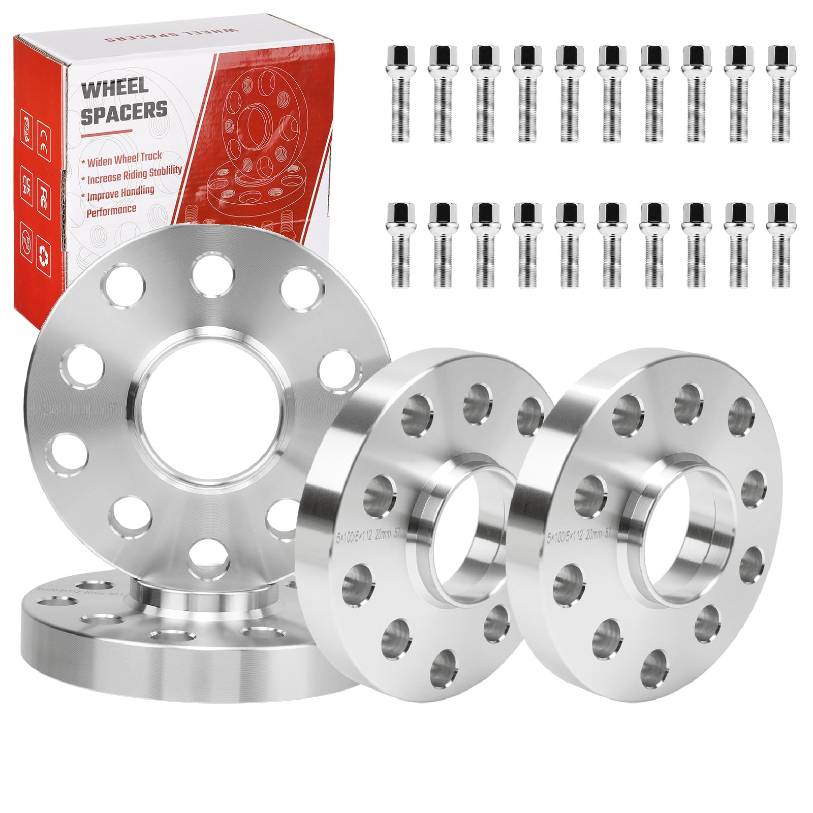 4-TLG Spurverbreiterung 5x100 / 5x112mm (VA 30mm HA 40mm) Ø57,1 Naben­zentriert Spurplatten Set Kompatibel mit Skoda Fabia Octavia Superb, Distanzscheiben inkl. 20 Radschrauben M14x1,5x40/45mm Sliver