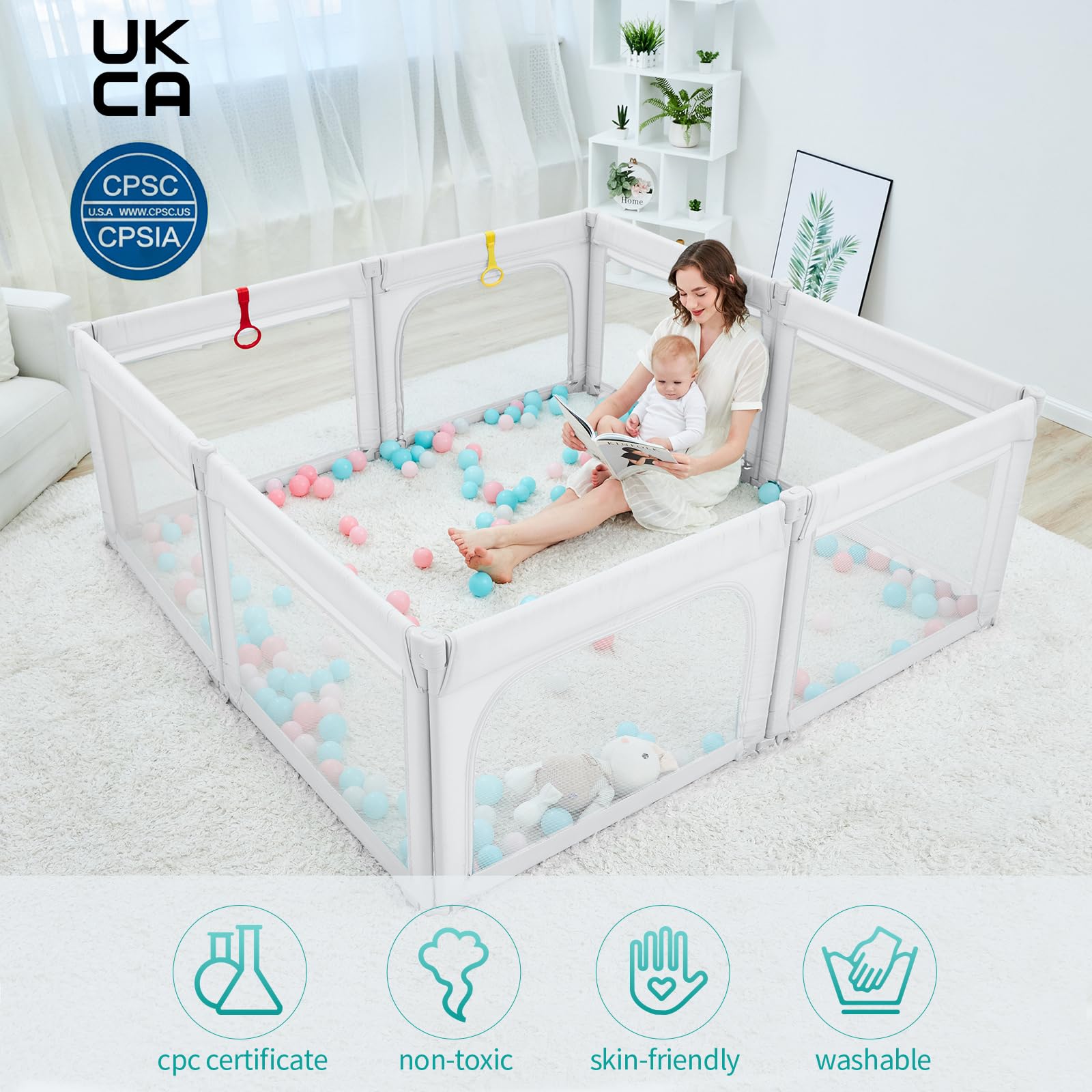 Parc pliable pour bébés et tout-petits, forme et taille réglables, parc avec cadre rembourré et parois en maille, parc de jeu pour intérieur et extérieur, 150 x 180 cm, gris clair Oxford
