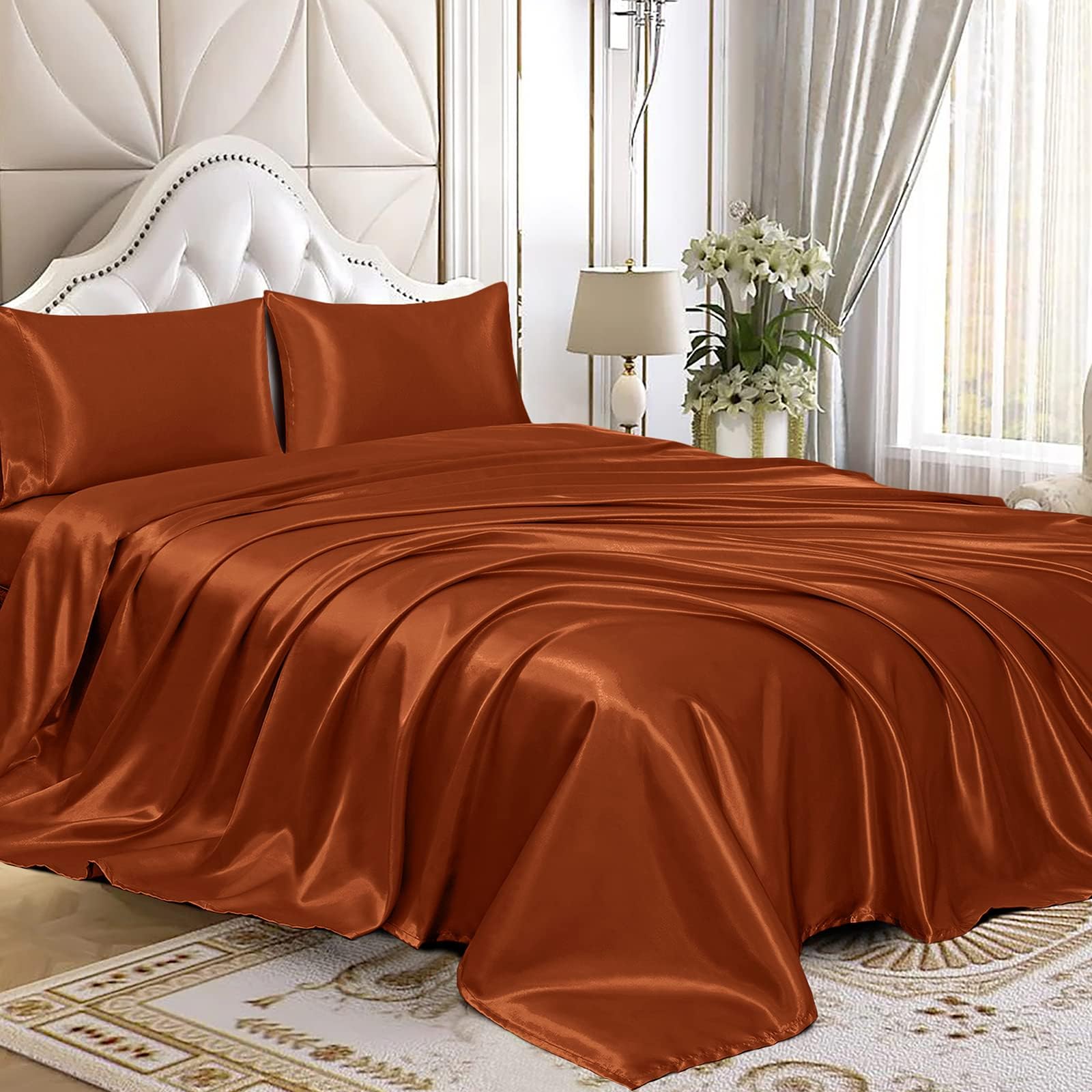 Homiest 4pcs Satin Sheets Set Luxury Silky Satin Bedding Set with Deep Pocket, 1 Fitted Sheet + 1 Flat Sheet + 2 Pillowcases (King Size, Burnt Orange)