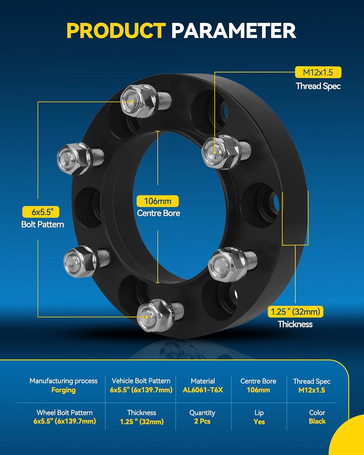 PHILTOP 6x5.5 1.25" Wheel Spacers for Tacoma,2 Pcs 6x139.7mm Hub Centric Wheel Spacers with 106mm Hub Bore M12x1.5 Studs fit for Tacoma, 4Runner, FJ CR-UISER, Tundra, GX460, Sequoia, GX470, T100